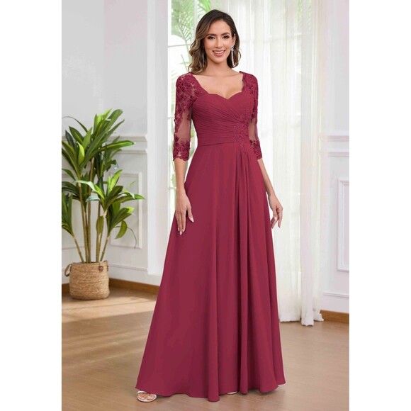 New Mother of the Bride (10) Dark Rose Lace/Chiffon Pleat Half Sleeve Maxi Dress - Picture 12 of 13